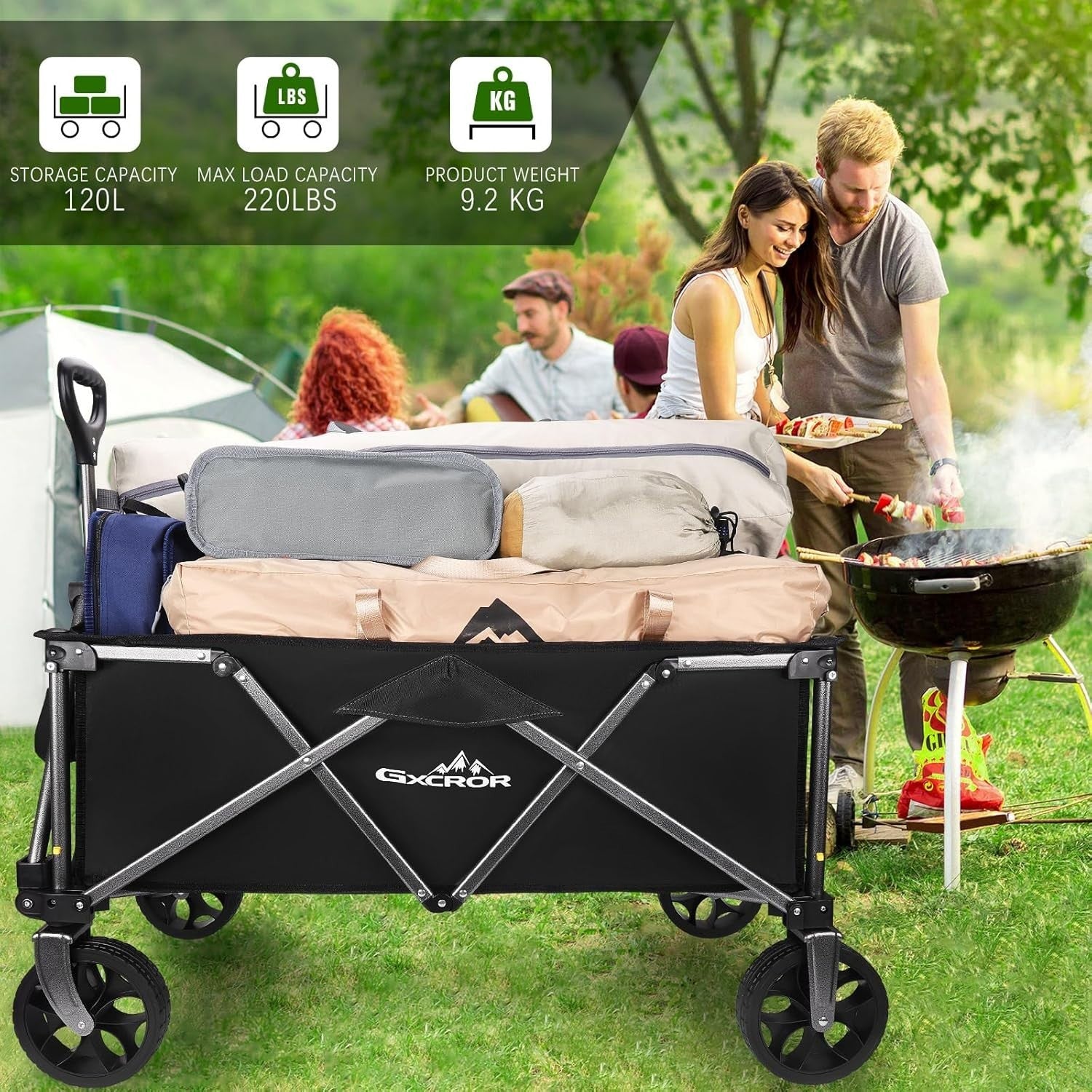 Black Heavy Duty Folding Camping Wagon 120L All-Terrain Festival Trolley 100kg