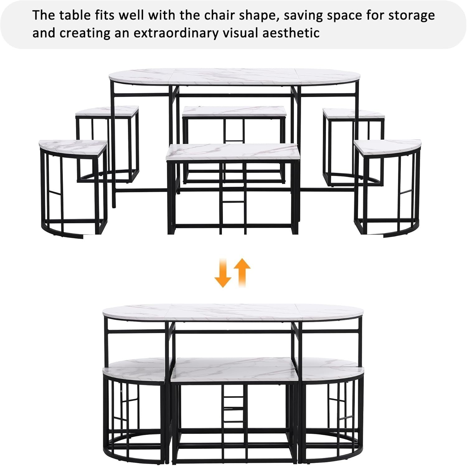 Modern 6-Seater Dining Table Set with Marble Effect Top & Cushioned Chairs