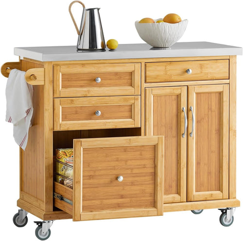 Kitchen Island Trolley on Wheels Stainless Steel Top Storage Cabinet Drawers