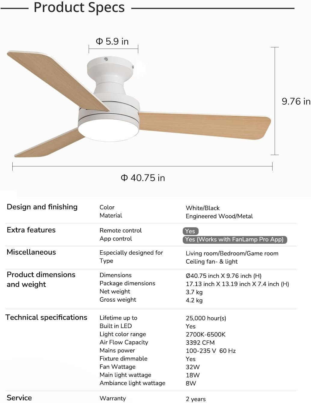Orison 42"" Ceiling Fan with Lights, RGB Backlight, 6 Speeds, Dimmable, Remote
