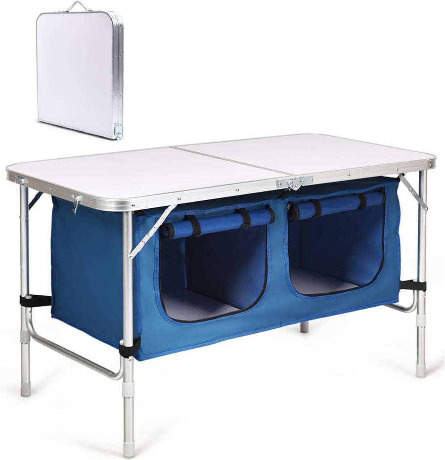 Adjustable Folding Camping Table with Storage Cupboard Organizer Portable