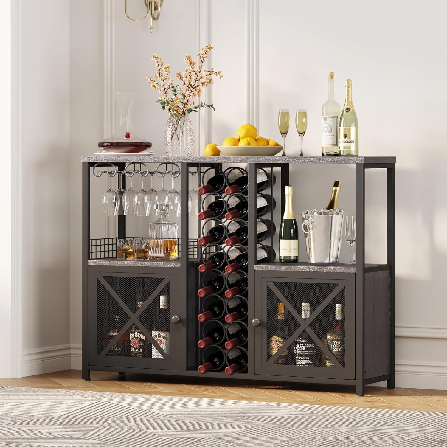 Rustic Home Bar Cabinet with Wine Rack & Glass Holder, Liquor Sideboard Storage