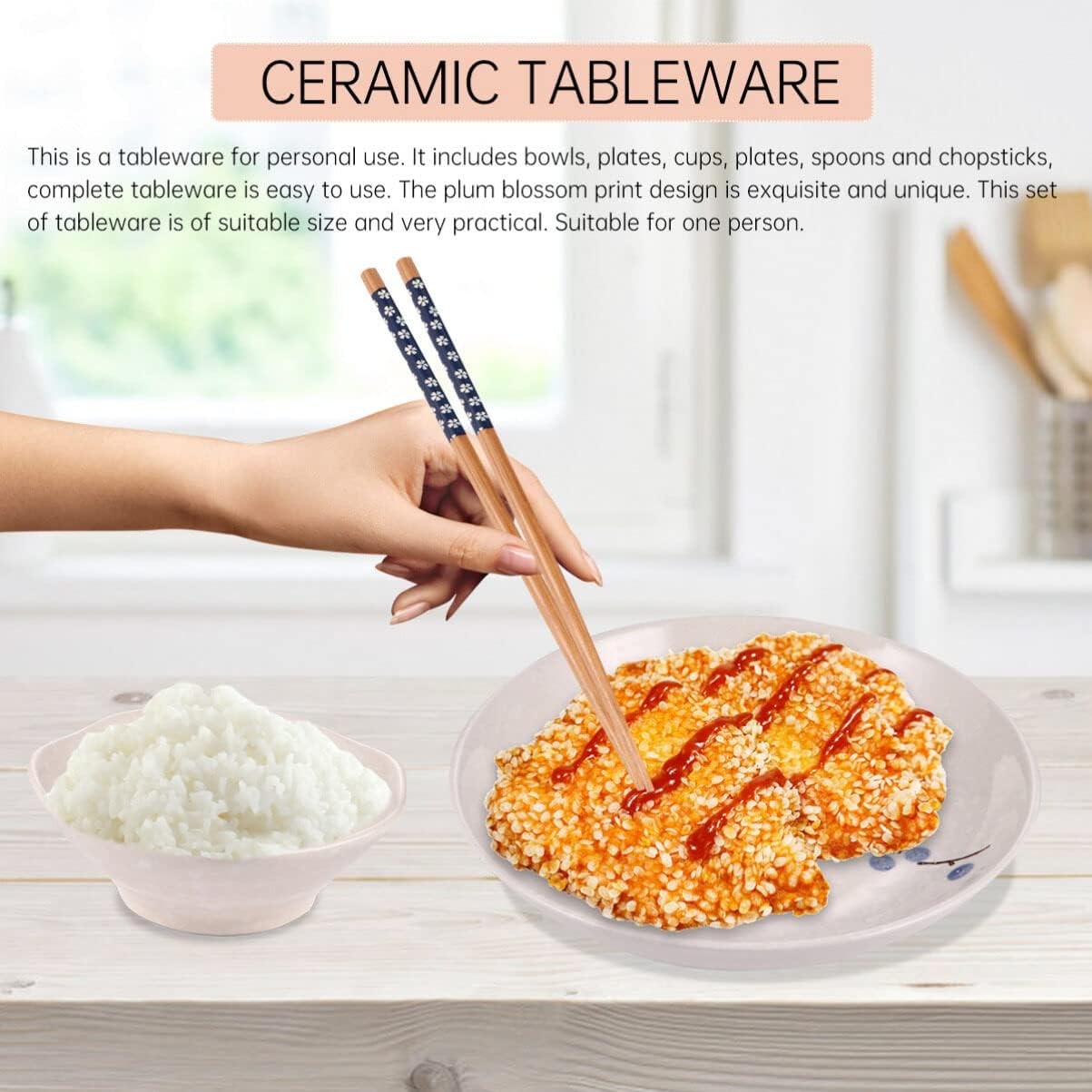 Japanese Style Ceramic Dinnerware Set for One Bowl Plate Cup Spoon