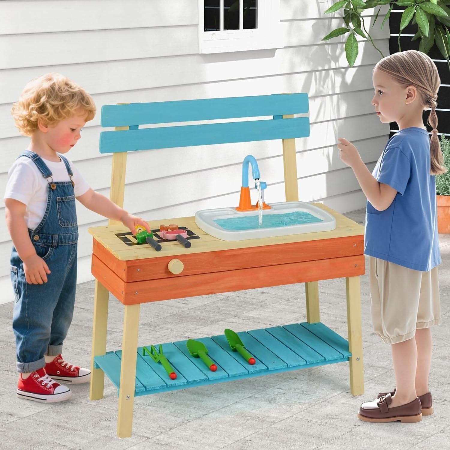 Kids Mud Kitchen Outdoor Wooden Play Kitchen Water Sink Garden Toy