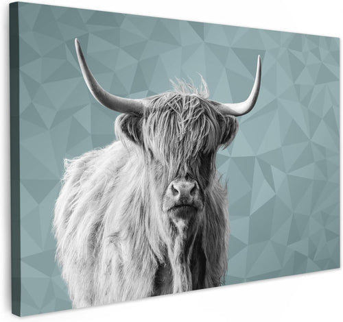 Highland Cow Canvas Wall Art Black White Geometric Modern Decor 35x24