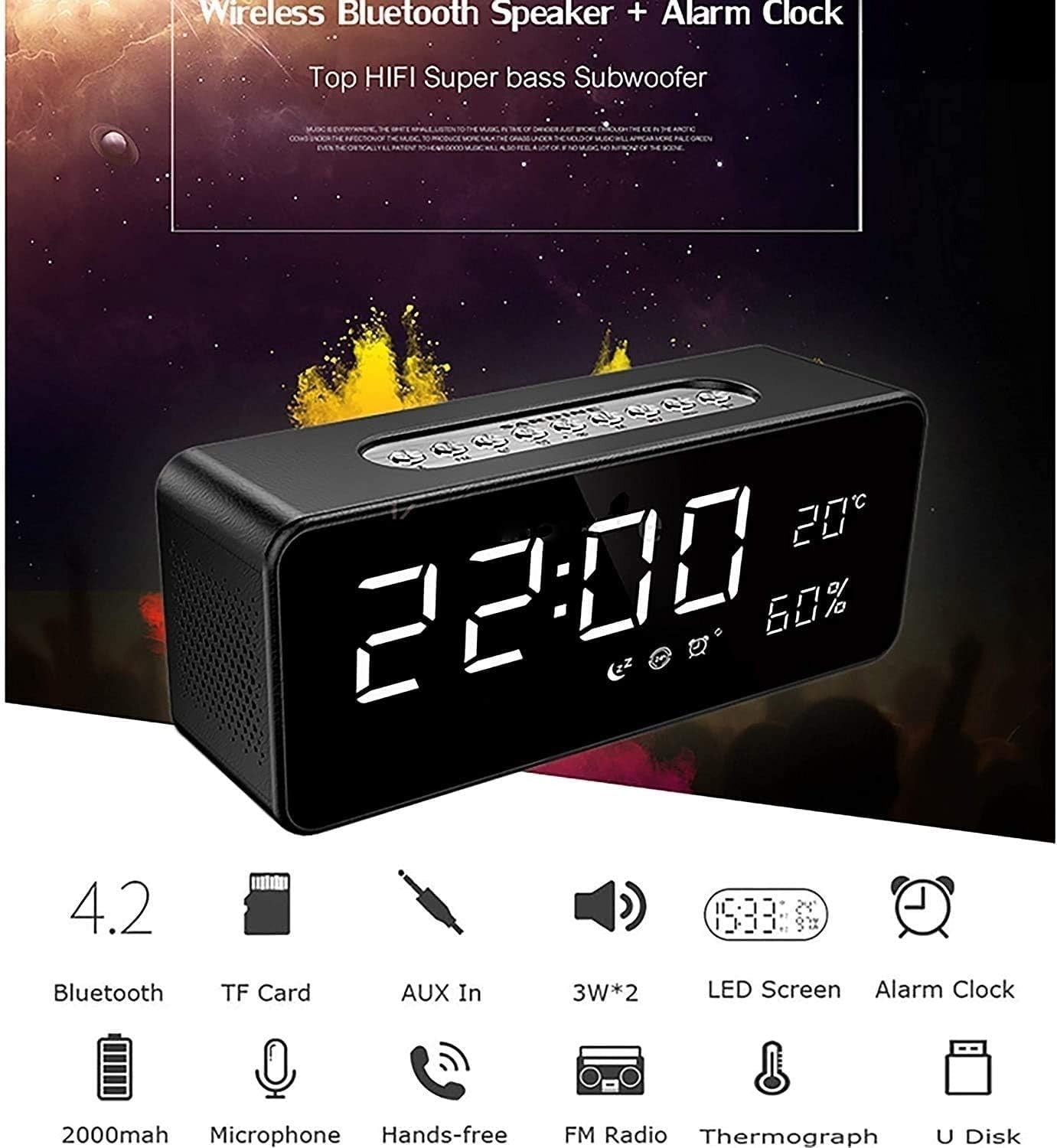 Digital Alarm Clock LED Display Temperature Humidity USB Charger Black