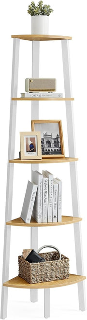 5-Tier Natural Oak & White Corner Shelf Modern Ladder Display Unit for Home