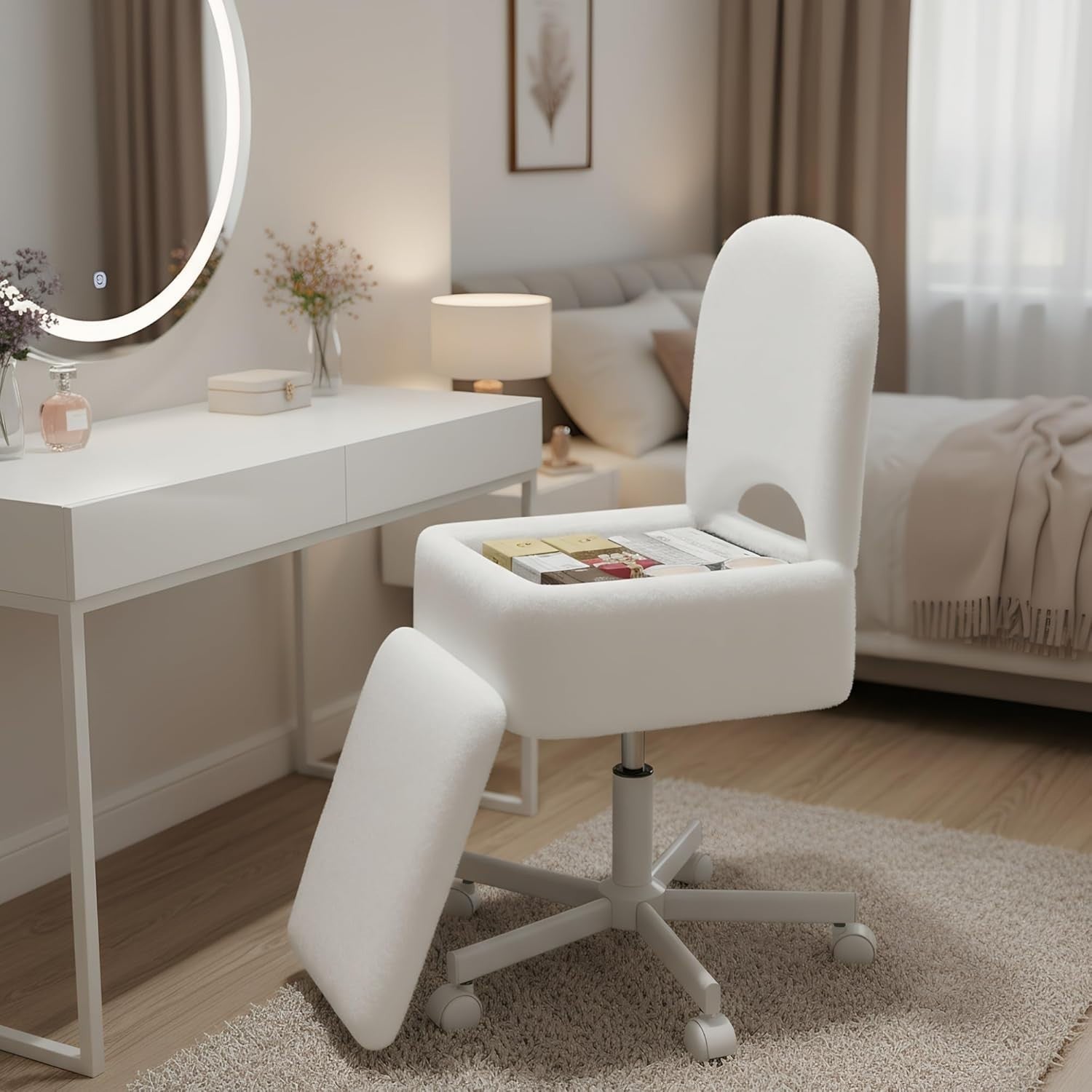White Furry Vanity Chair Large with 13.5L Storage Swivel Adjustable Height