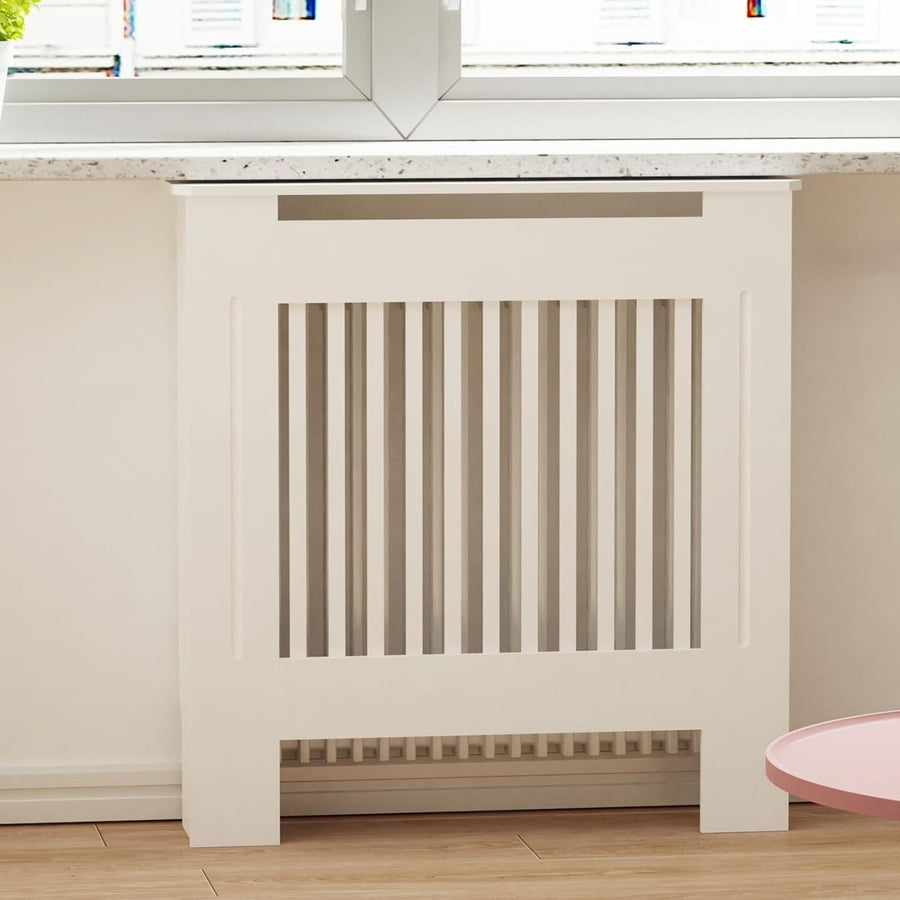 Tall Radiator Cover White MDF Cabinet | Vertical Slats Modern Shelf 100cm