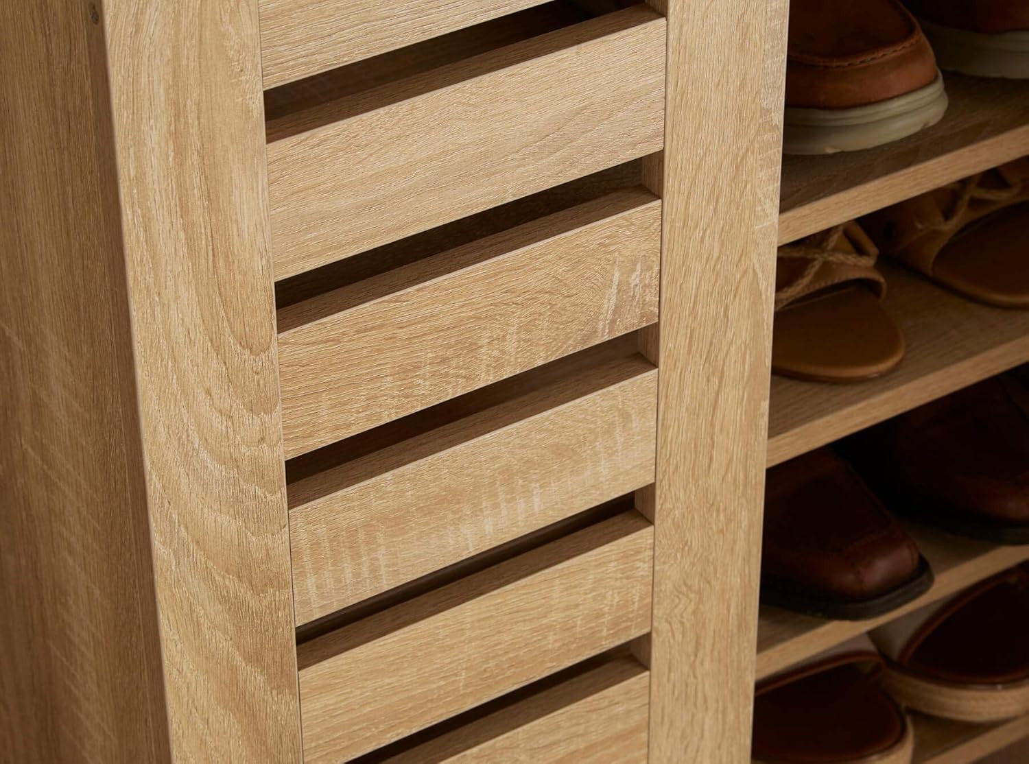 Oak Effect Wooden Shoe Cabinet with Slatted Doors, 2 Door Storage Cupboard