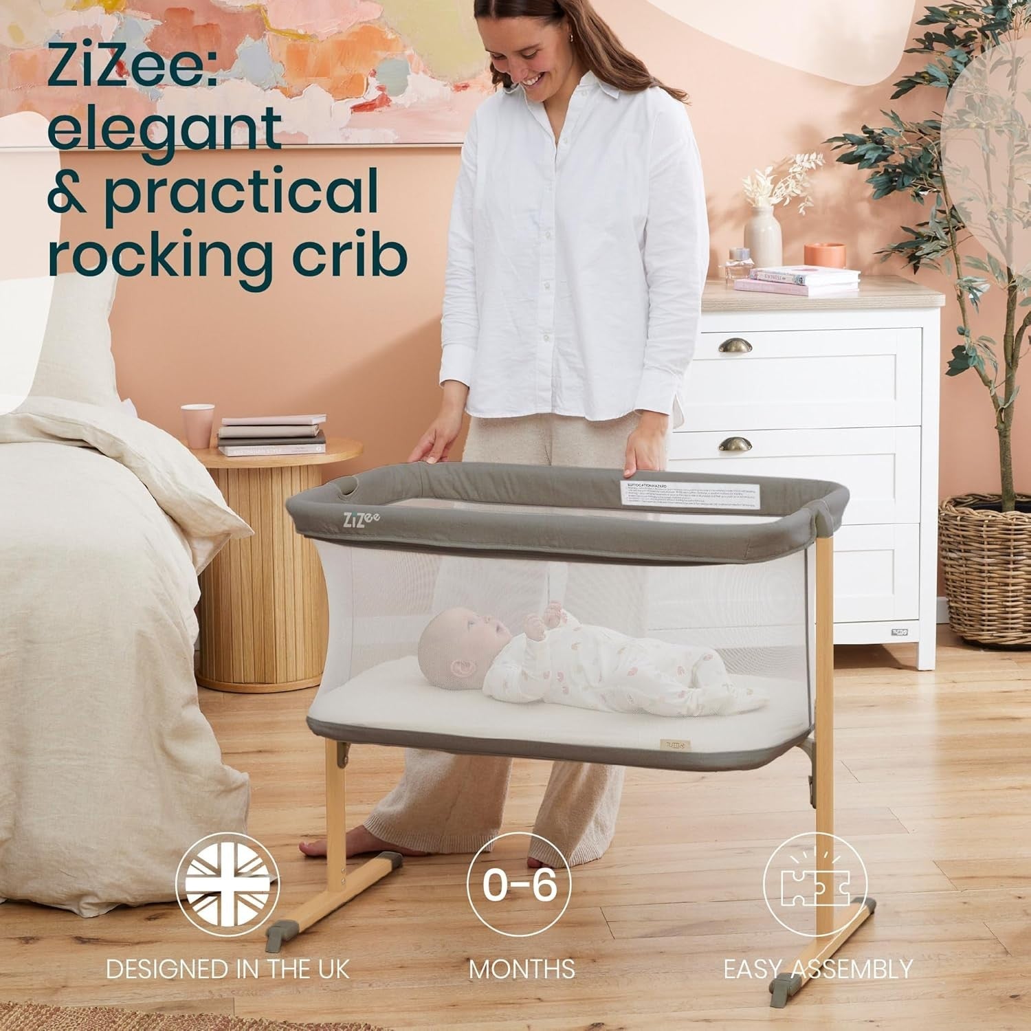 Rocking Baby Crib with Mesh Breathable Bassinet Travel Cot Wheels & Mattress