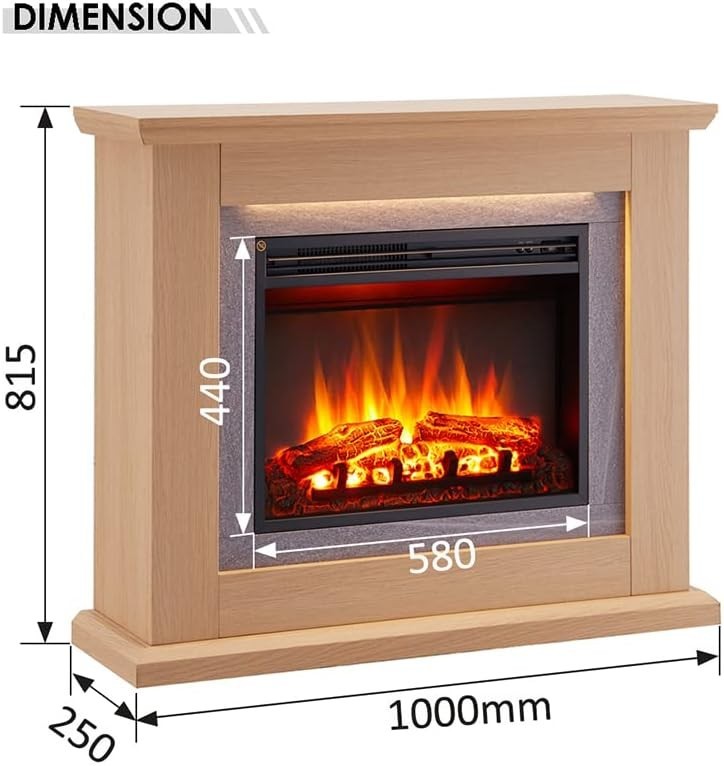 39” Oak Electric Fireplace 2kW LED Fire Heater with Remote & Timer