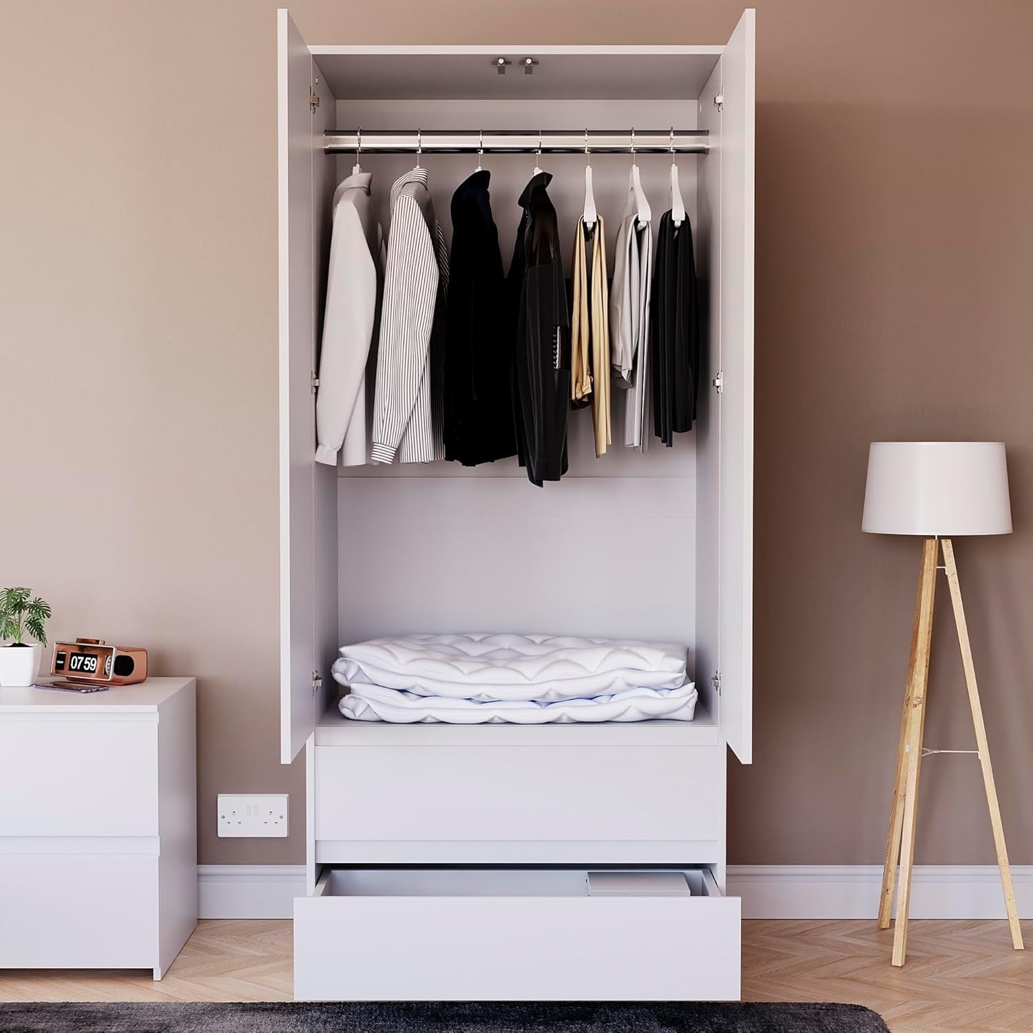 White 2 Door Wardrobe with 2 Drawers Pine Wood Bedroom Storage Cabinet
