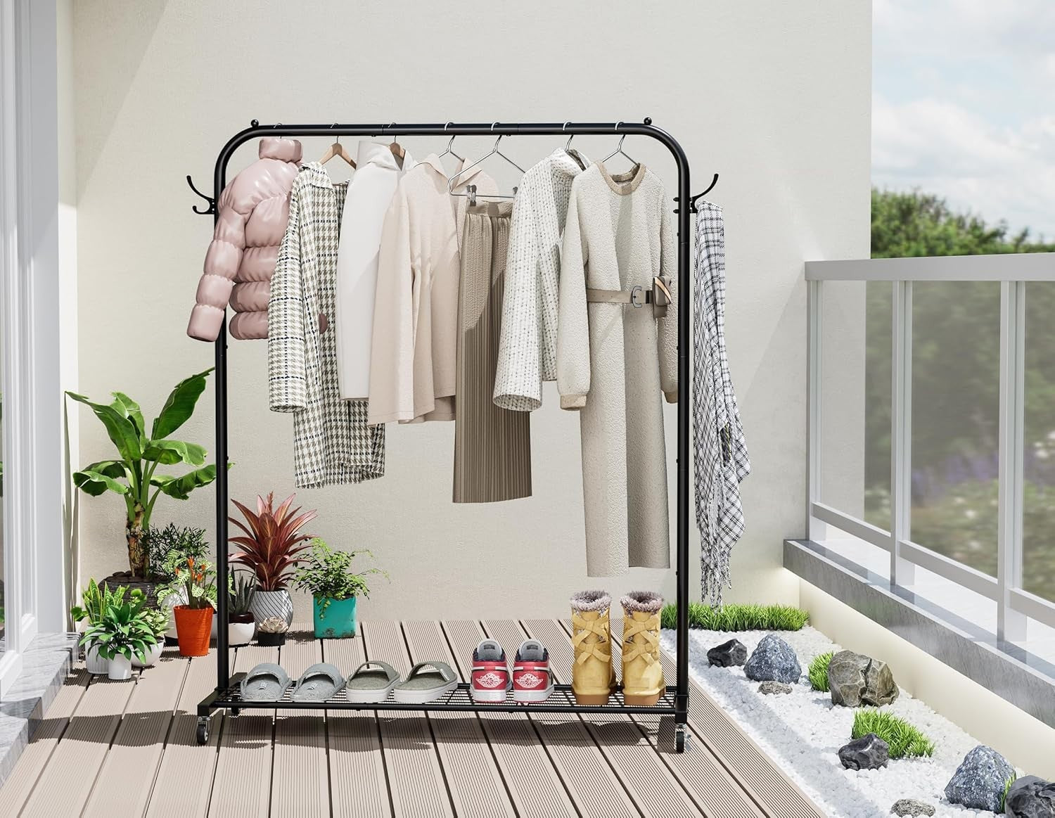 Portable Clothes Rail on Wheels 40KG Rack With Shelf & Hooks Black