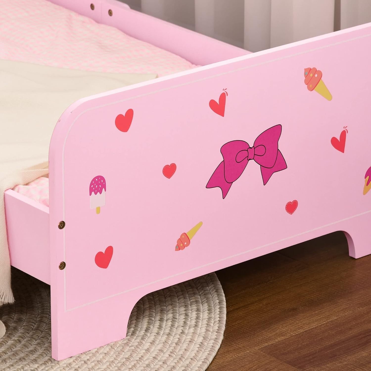 Kids Toddler Bed with Safety Rails Wooden Low Frame Girls Bedroom Princess Pink
