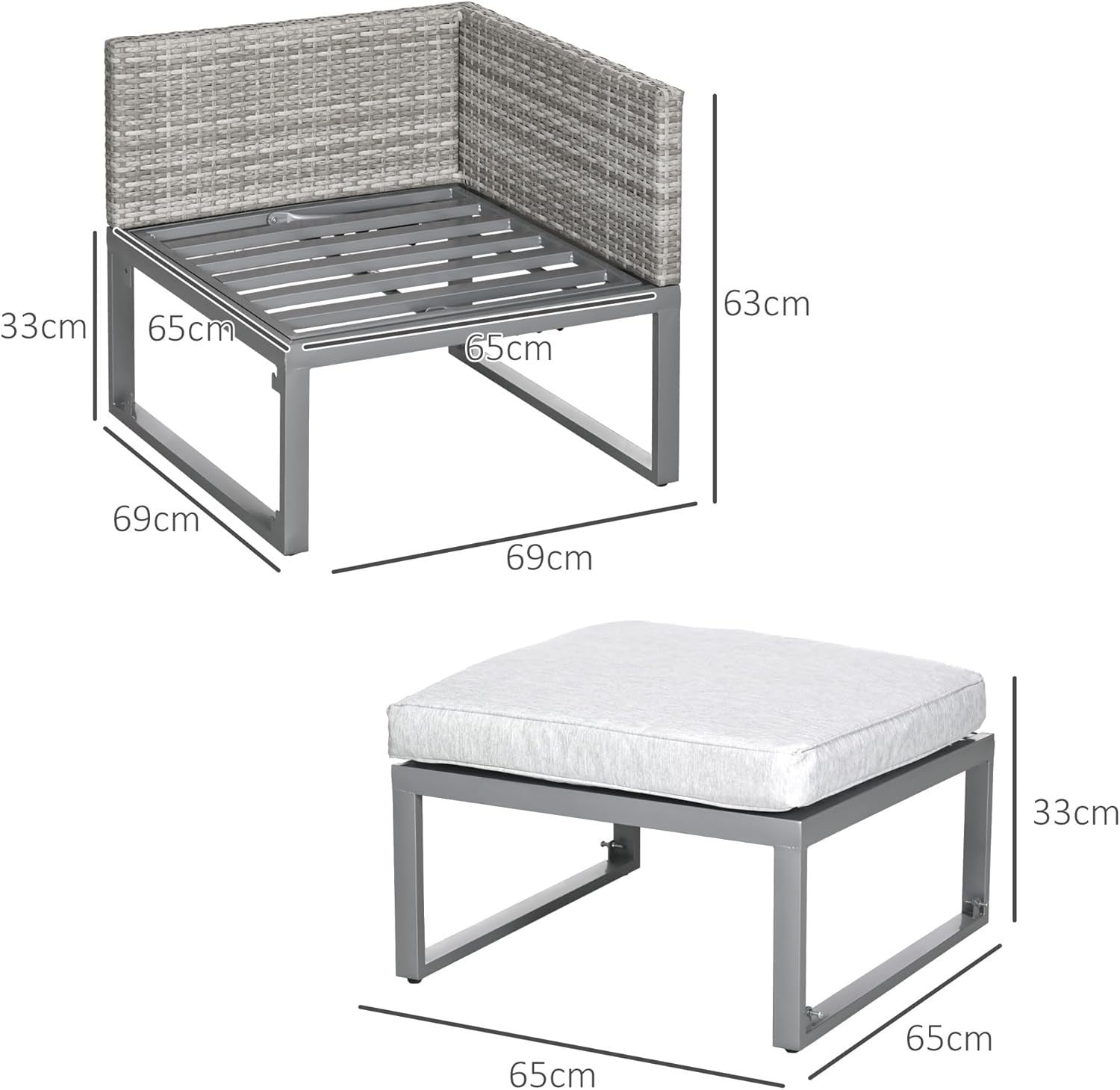 3 in 1 Rattan Bistro Set Adjustable Table Lounge Chairs Cushioned Patio Grey