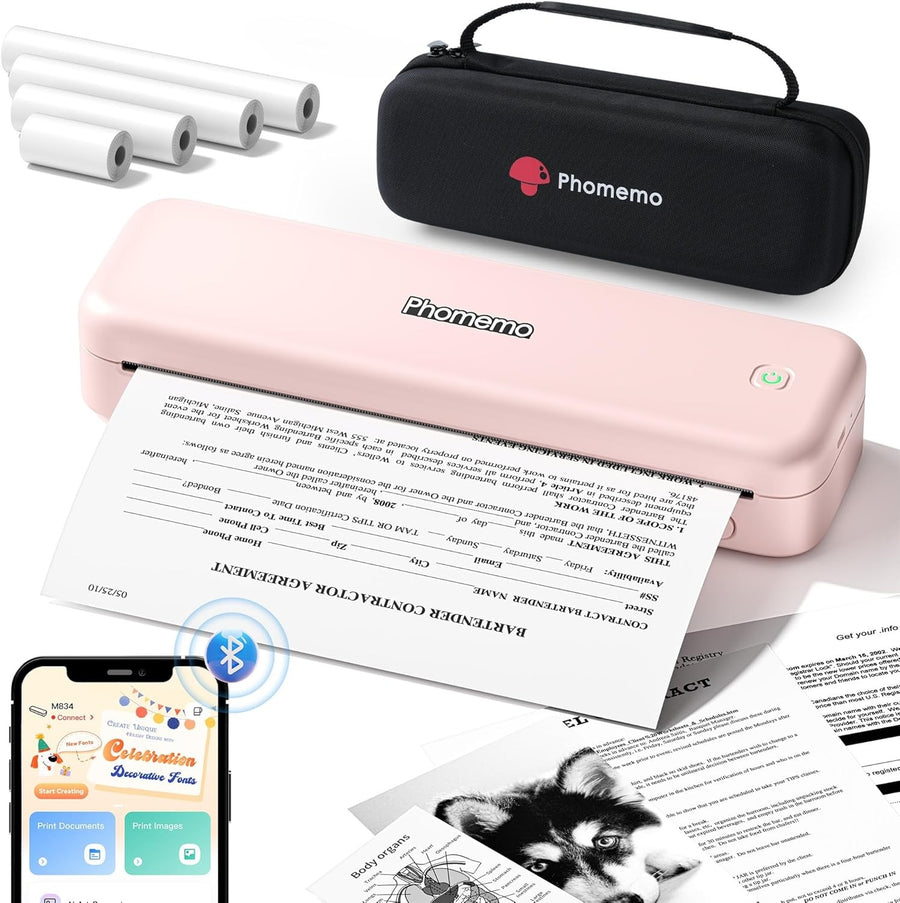 Portable A4 Thermal Printer Bluetooth Inkless 4 Rolls Pink