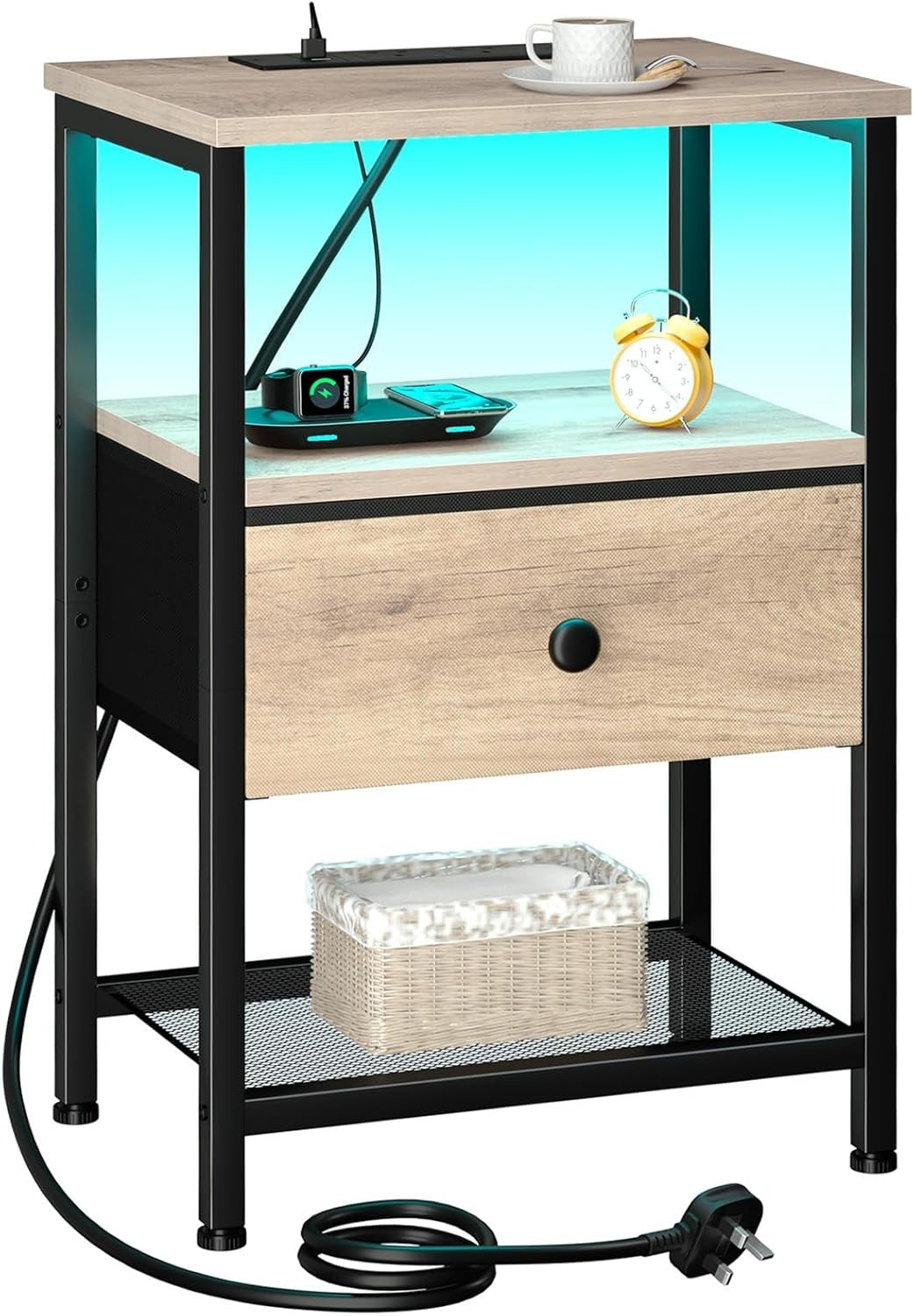 Grey Bedside Table with LED Light Charging Station Drawer & Open Shelf