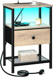 Grey Bedside Table with LED Light Charging Station Drawer & Open Shelf