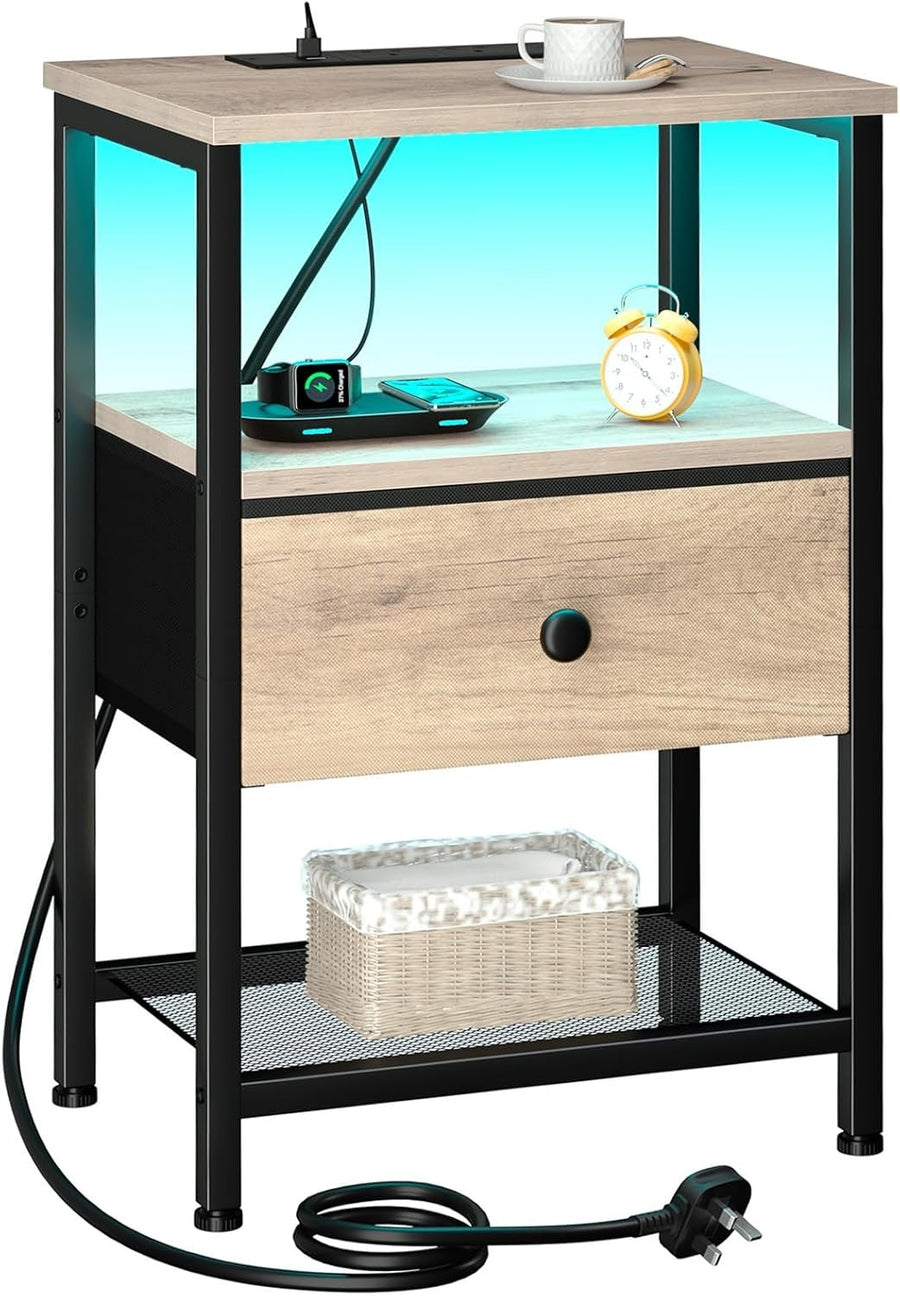 Grey Bedside Table with LED Light Charging Station Drawer & Open Shelf