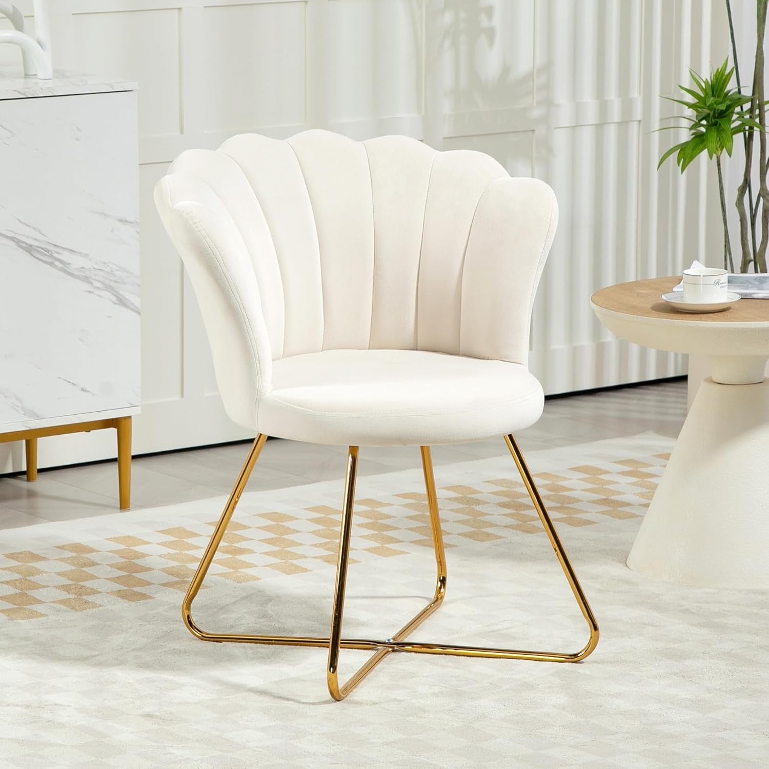 Cream Velvet Tufted Armchair Lotus Backrest Tub Chair Gold Legs