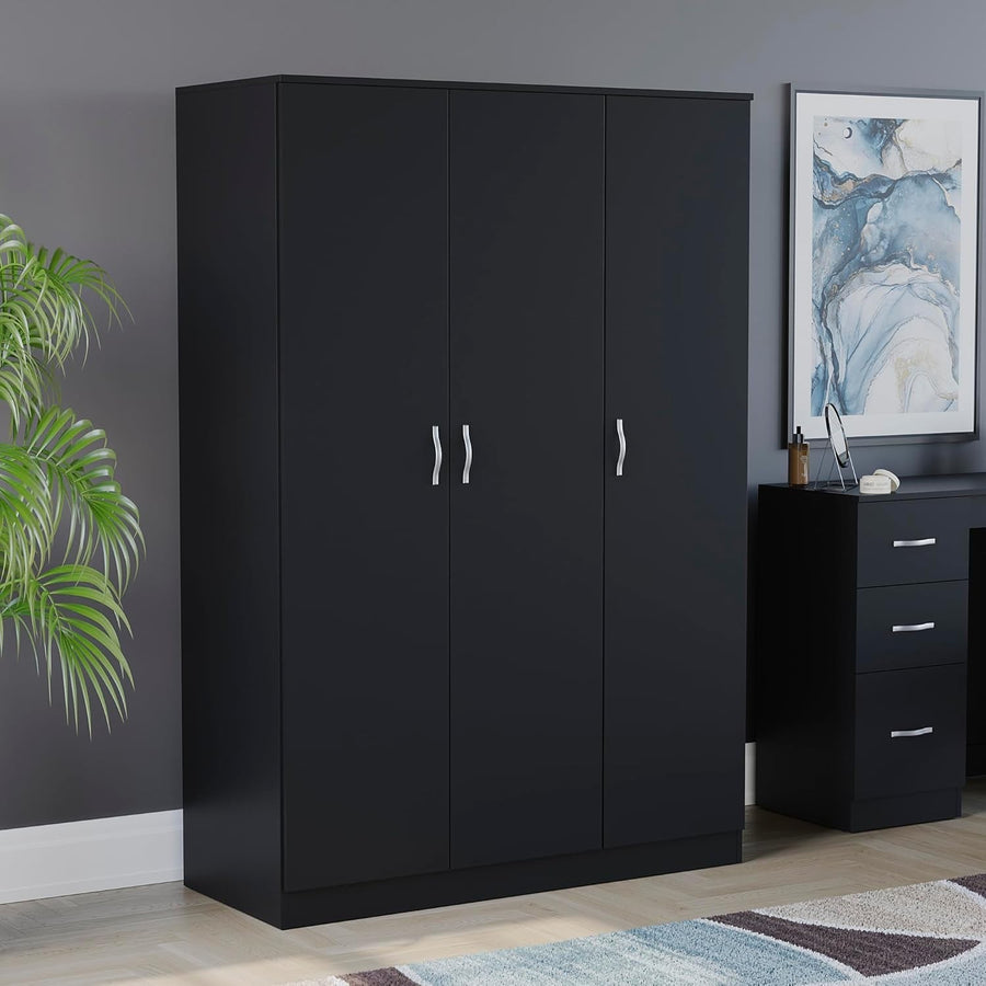 Black 3 Door Wardrobe with Shelf & Rail Modern Bedroom Storage