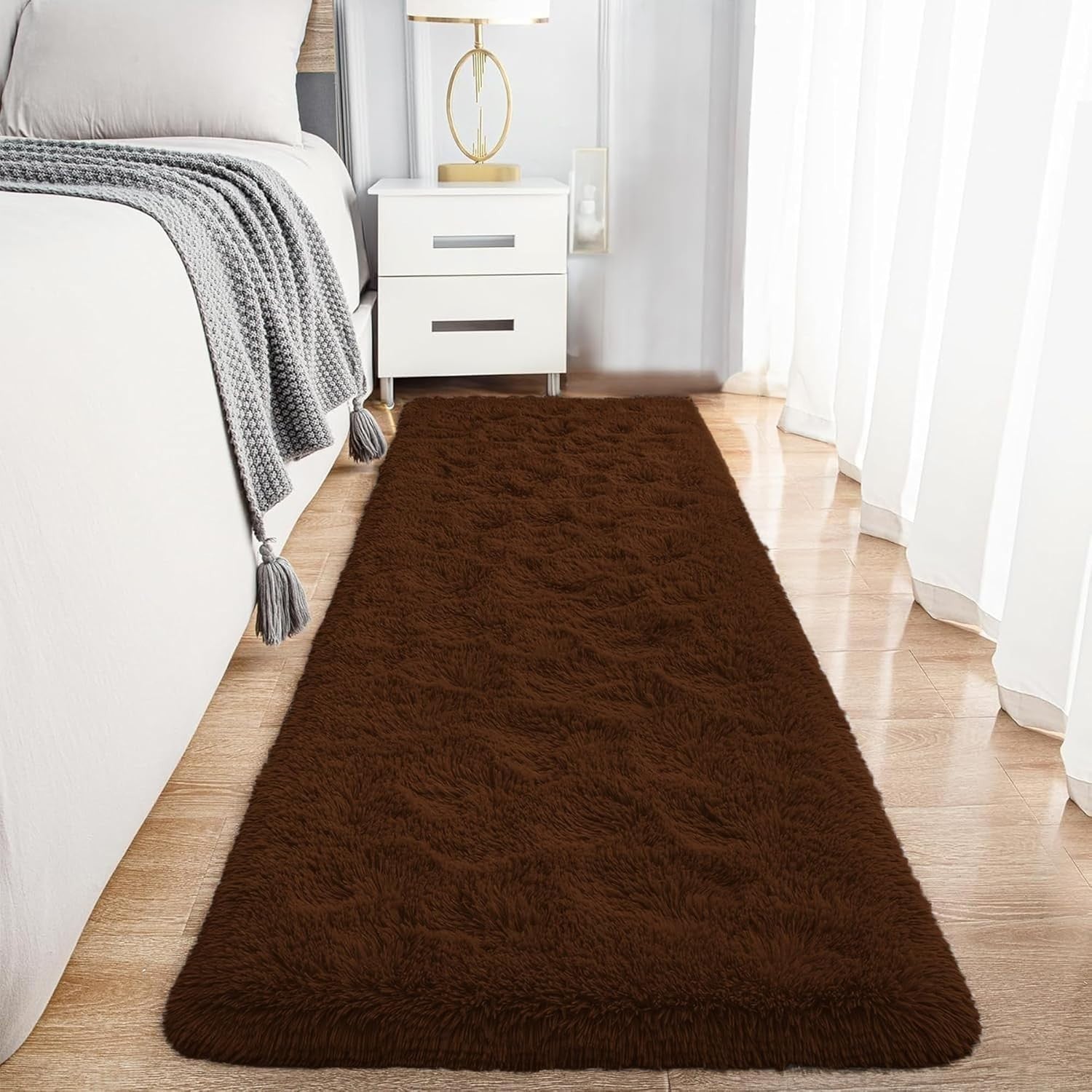 Brown Hallway Runner Rug 80x300cm Fluffy Thick Pile Non Slip Long Shaggy Carpet