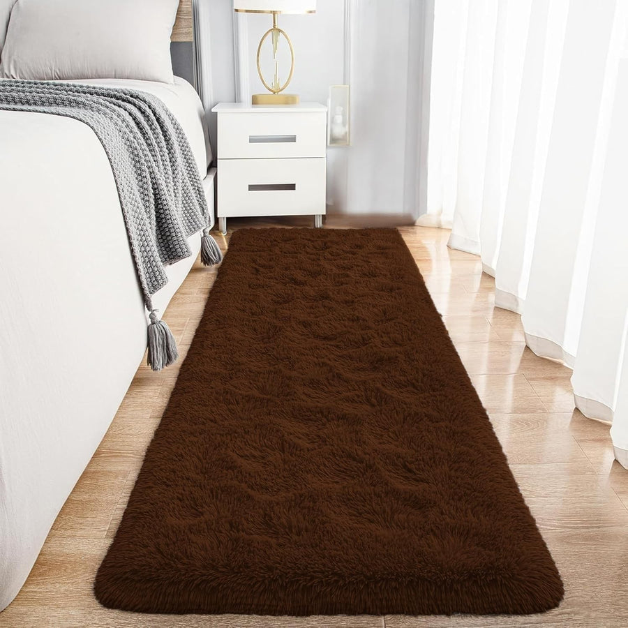 Brown Hallway Runner Rug 80x300cm Fluffy Thick Pile Non Slip Long Shaggy Carpet