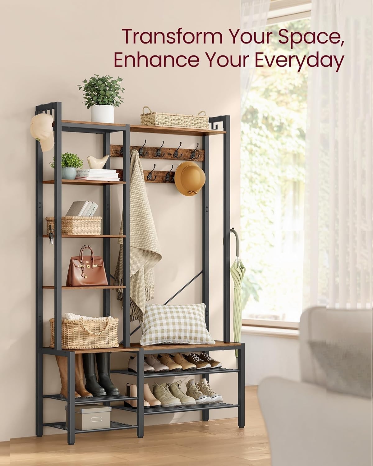 Entryway Hall Tree with Shoe Bench & Storage Hooks | 120x40x190cm