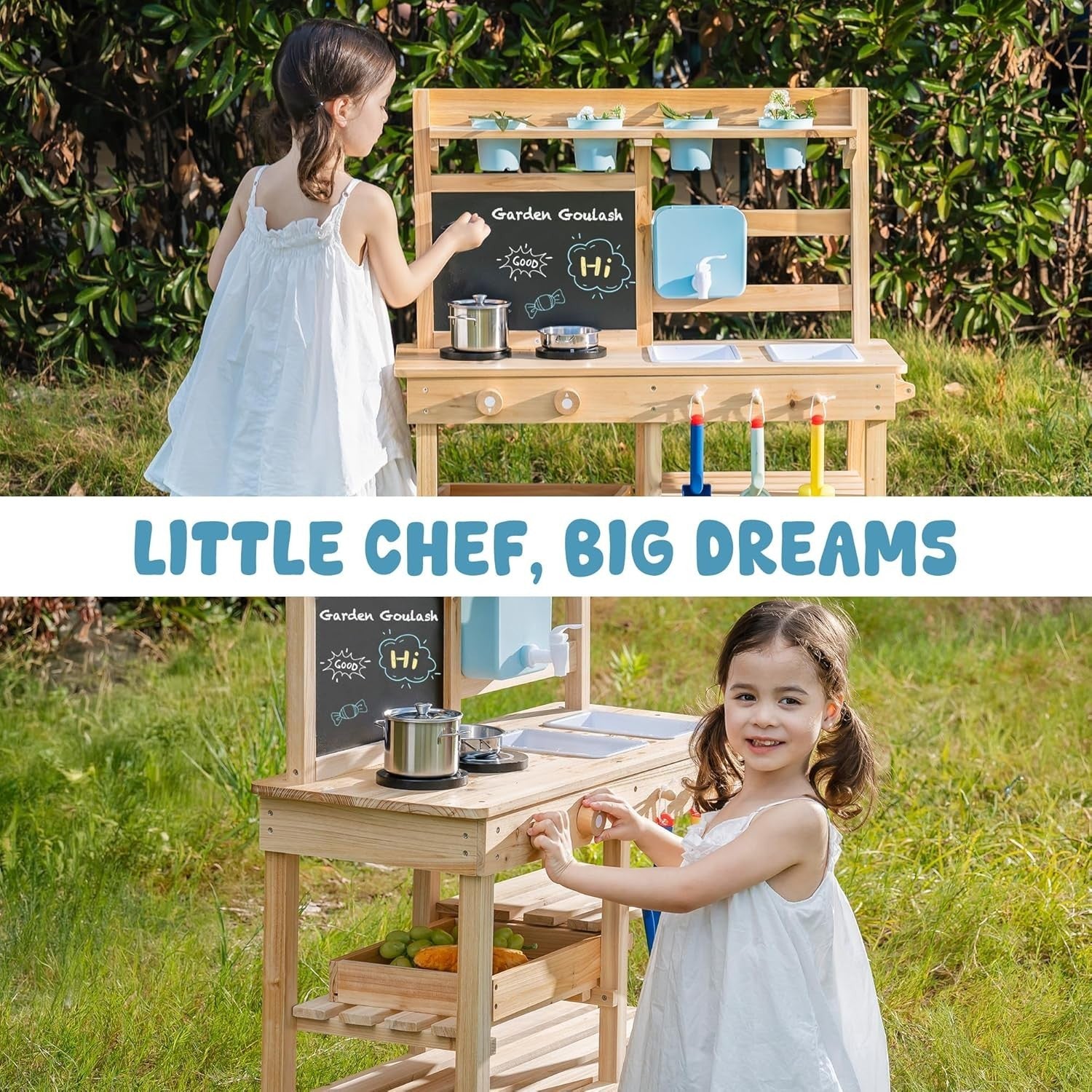 Outdoor Wooden Mud Kitchen Kids Playset Faucet Blackboard Garden Toy