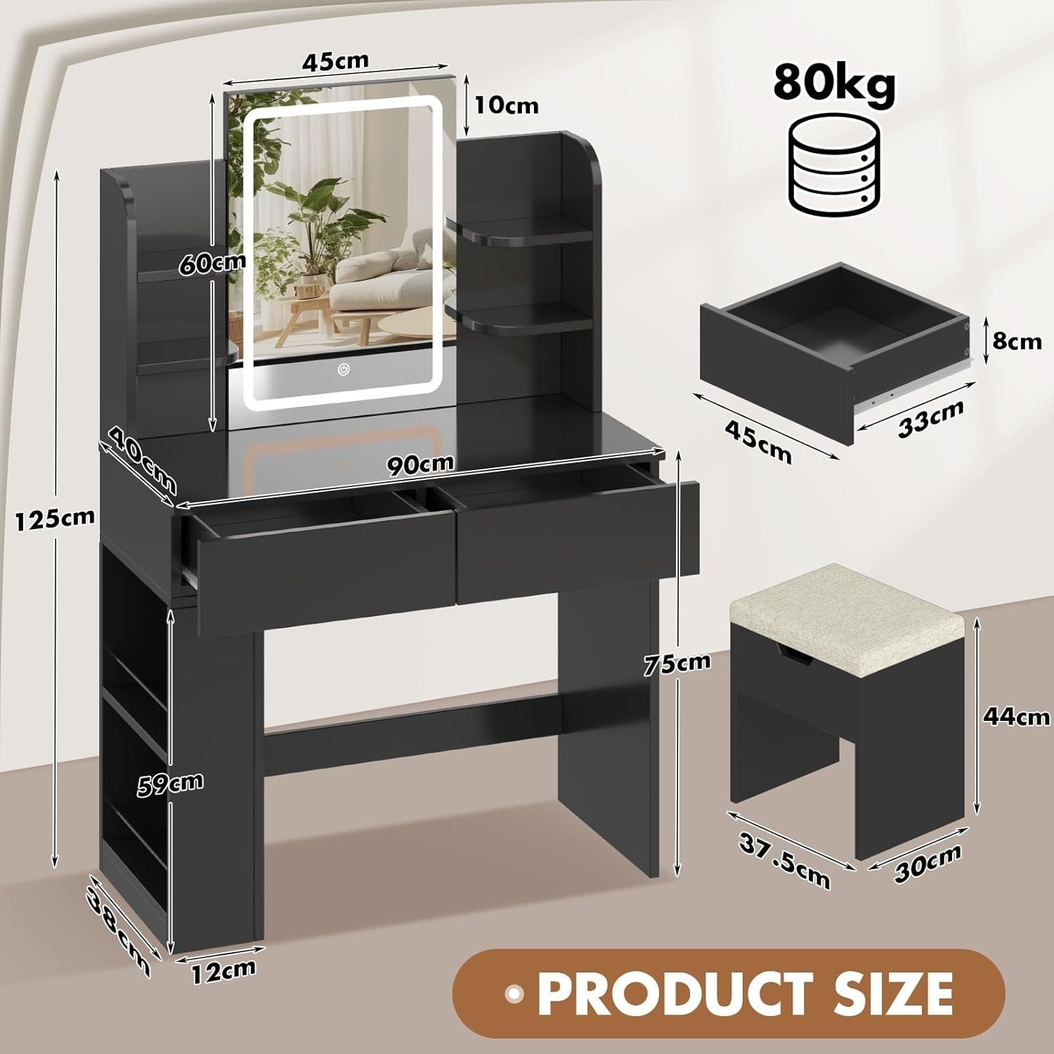 LED Dressing Table Makeup Vanity Set with Drawers Stool Mirror Bedroom Black