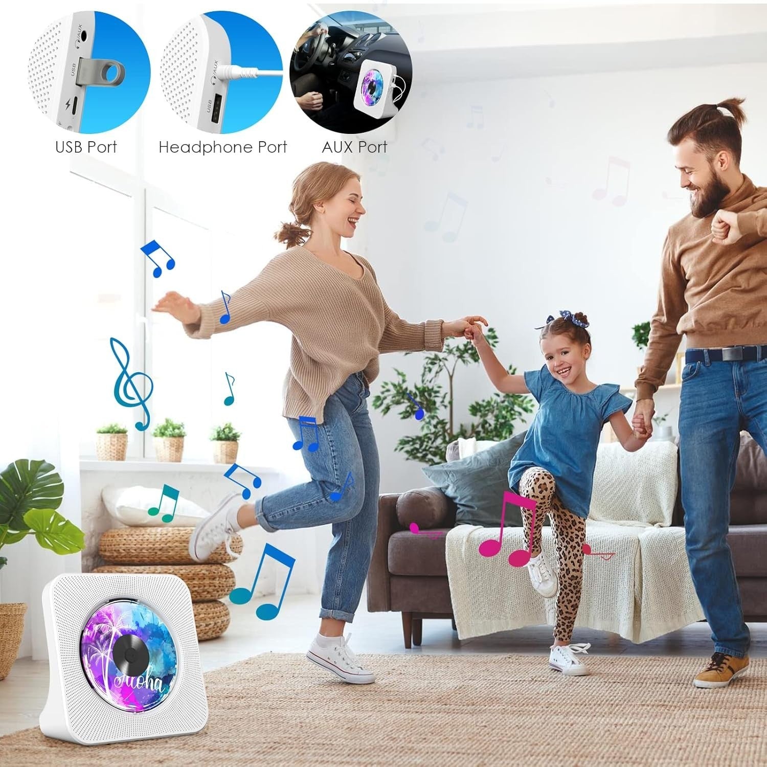 Desktop CD Player Bluetooth Speakers FM Radio USB AUX Remote LCD White