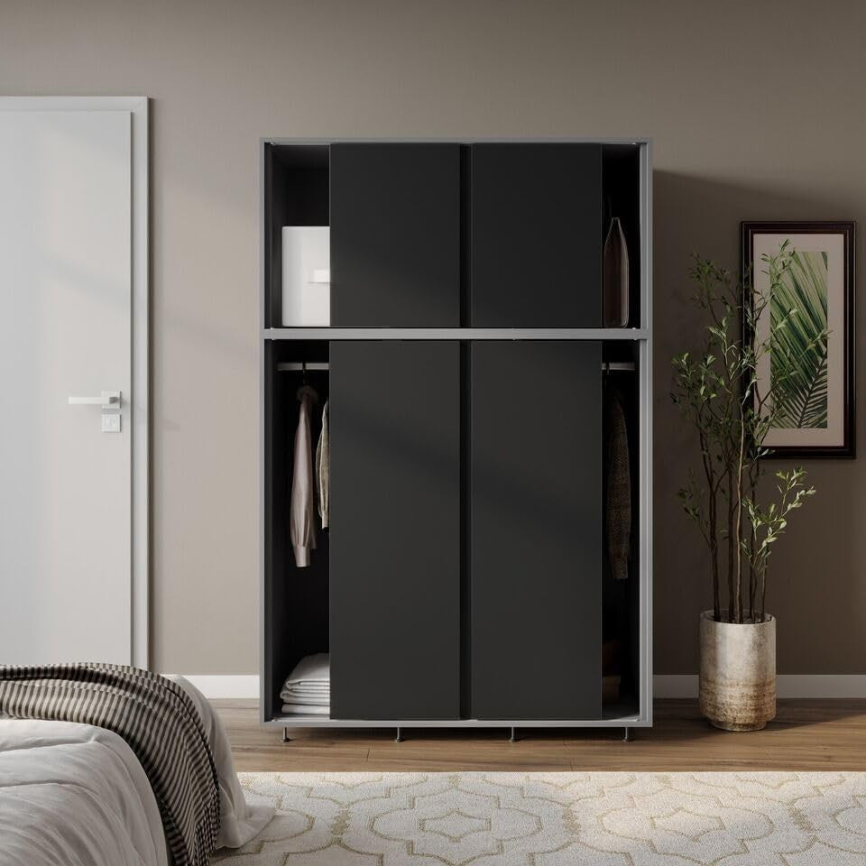 6-Door Black Sliding Wardrobe with Adjustable Feet & Large Bedroom Storage