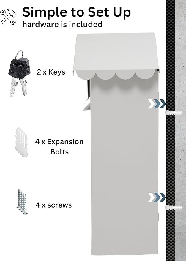 Lockable Wall Mounted Mailbox White – Weatherproof Steel Post Box w/ Keys