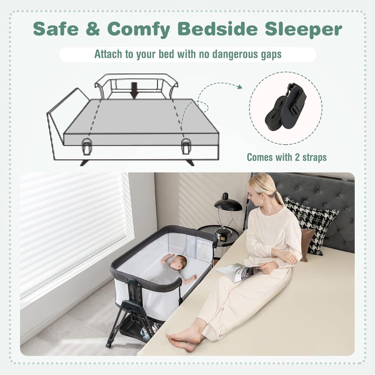 Baby Bedside Crib with Mattress, 7 Height Adjustable, Mesh Sides & Storage Shelf