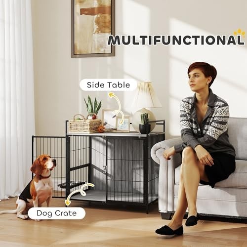 Dog Crate Furniture with Feeding Bowls & Lockable Doors, Grey Indoor Table