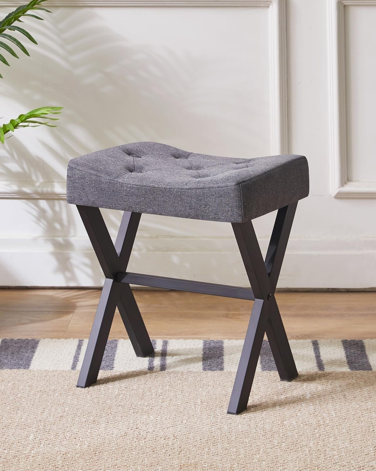 Dark Gray U-Shaped Vanity Stool with X-Leg – Linen Makeup Ottoman Seat