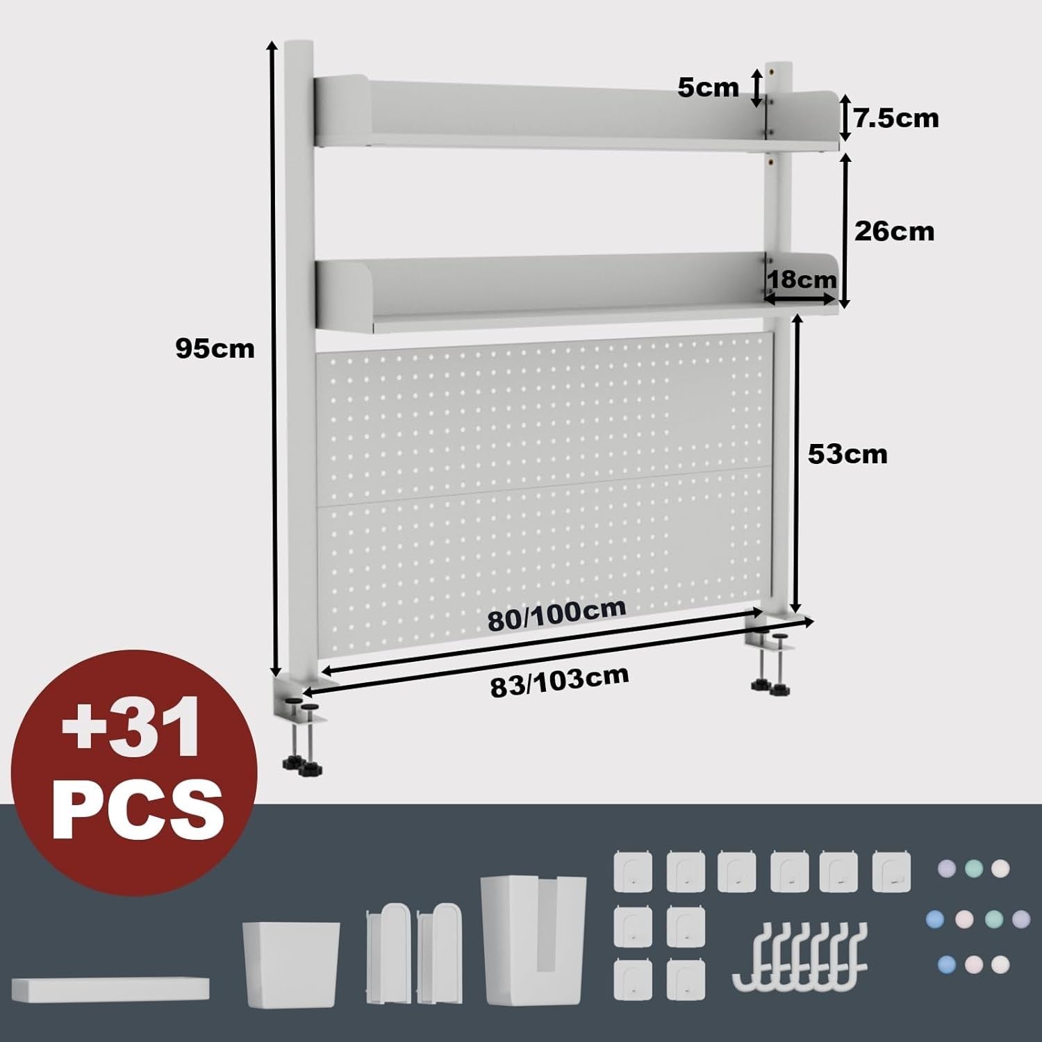 Clamp-On Desk Shelf 2-Tier White 100cm Organizer Pegboard Heavy-Duty Storage