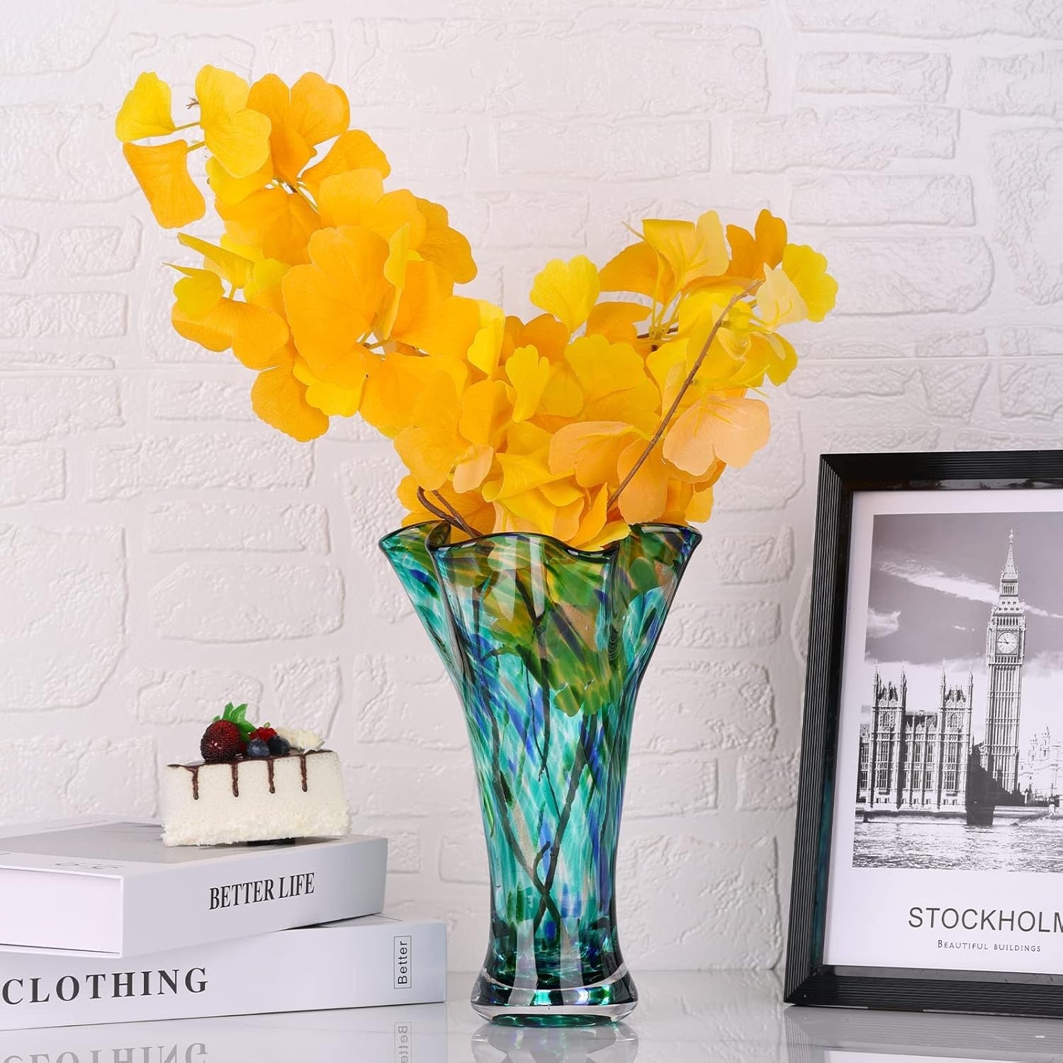 Teal Hand Blown Glass Vase Wide Mouth Flower Centerpiece Home Décor