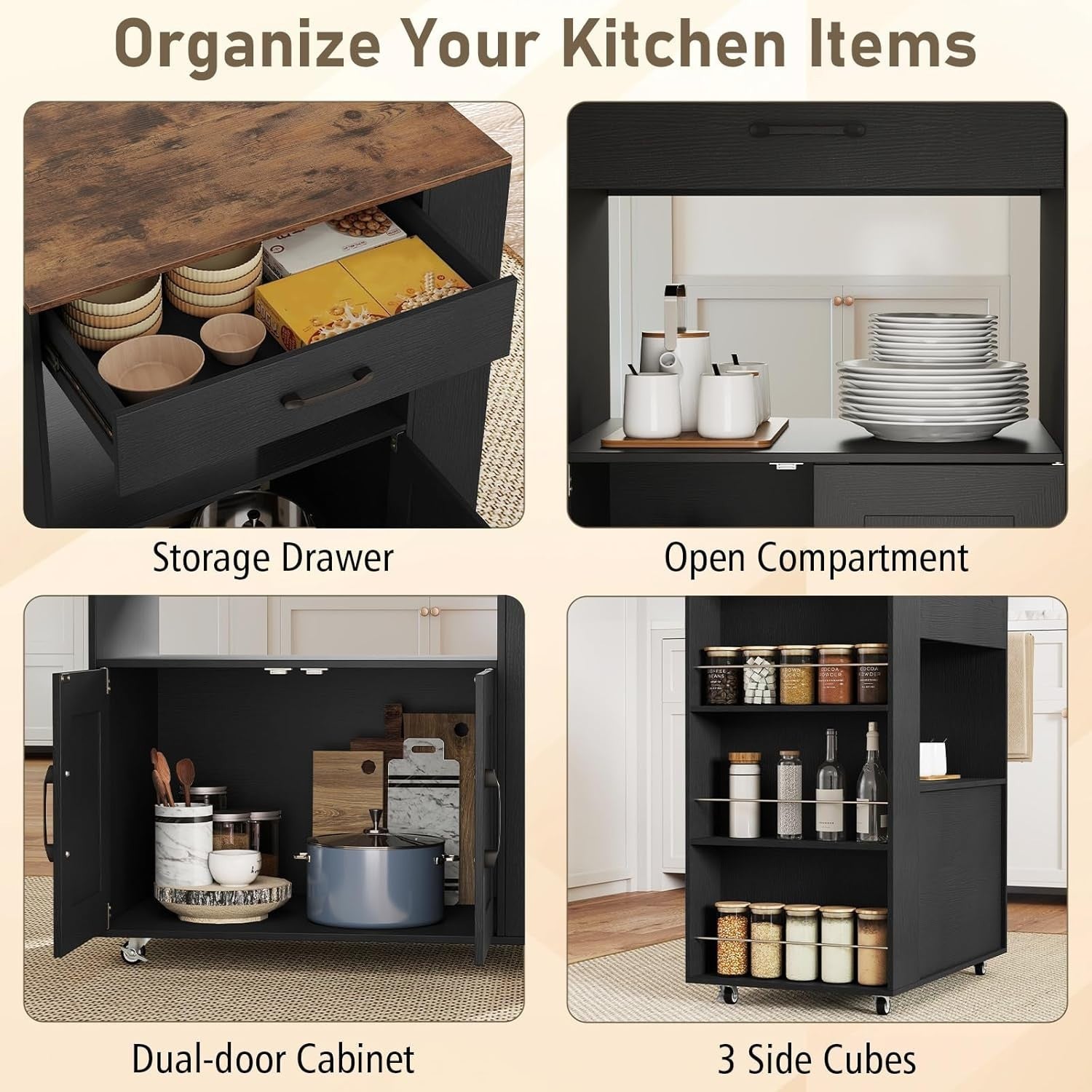 Kitchen Island Trolley with Cabinet Drawer Spice Rack
