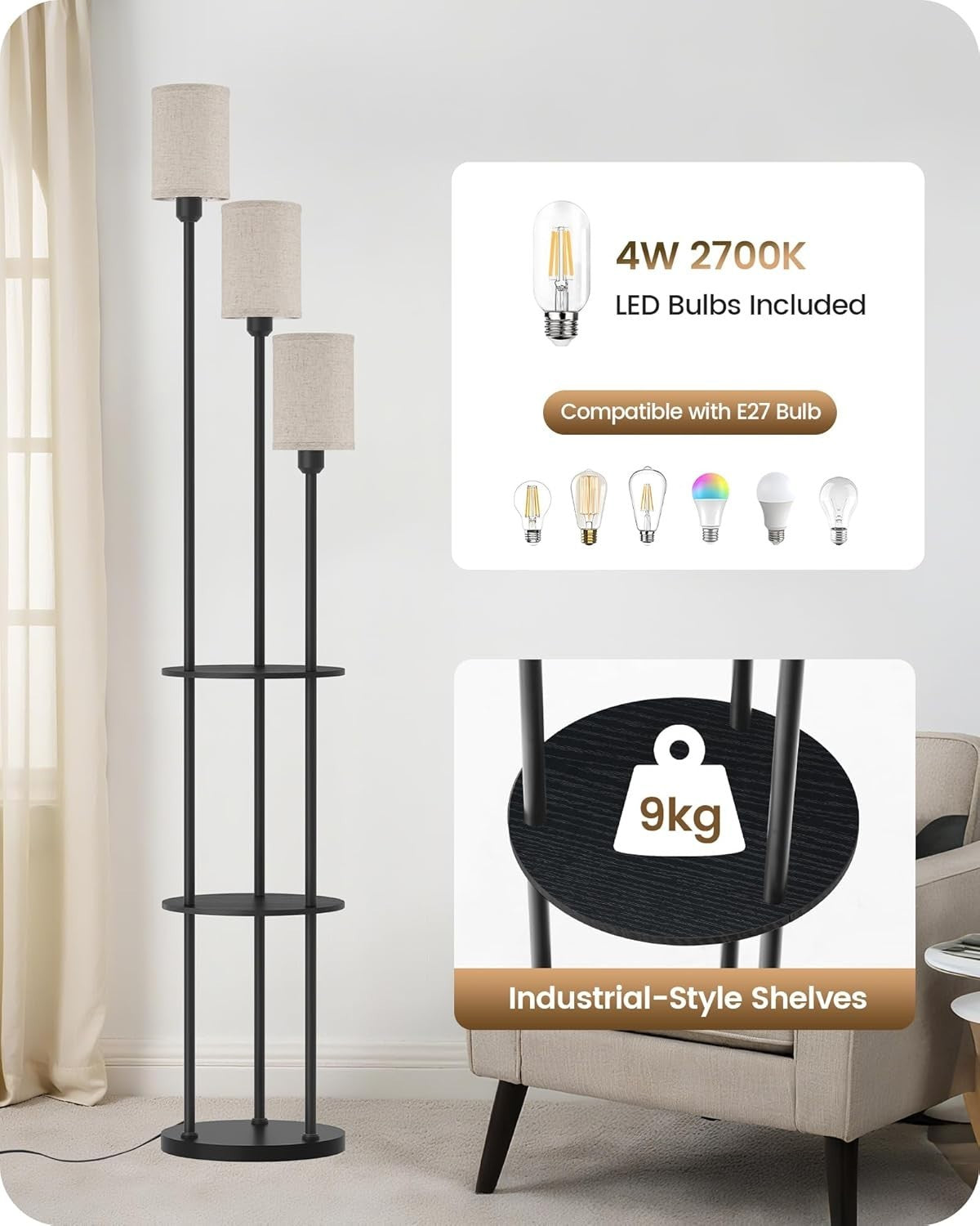 Industrial Floor Lamp with Shelves 3 Light Linen Shades Foot Switch