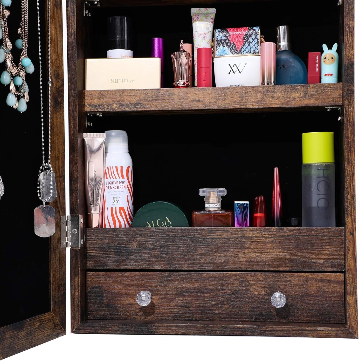 Wall Door Mounted Jewelry Armoire Lockable Full Length Mirror Cabinet