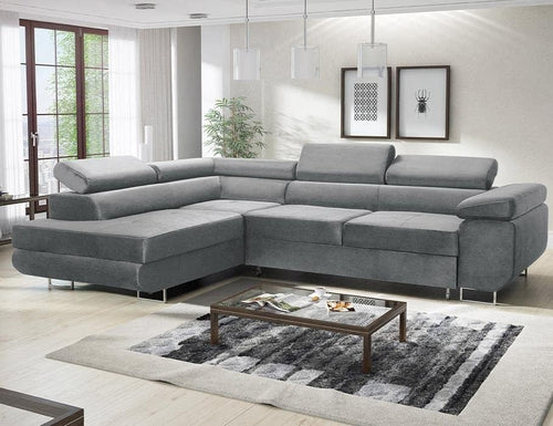 Grey Velvet Corner Sofa Bed with Storage L-Shape Sectional 277x203cm