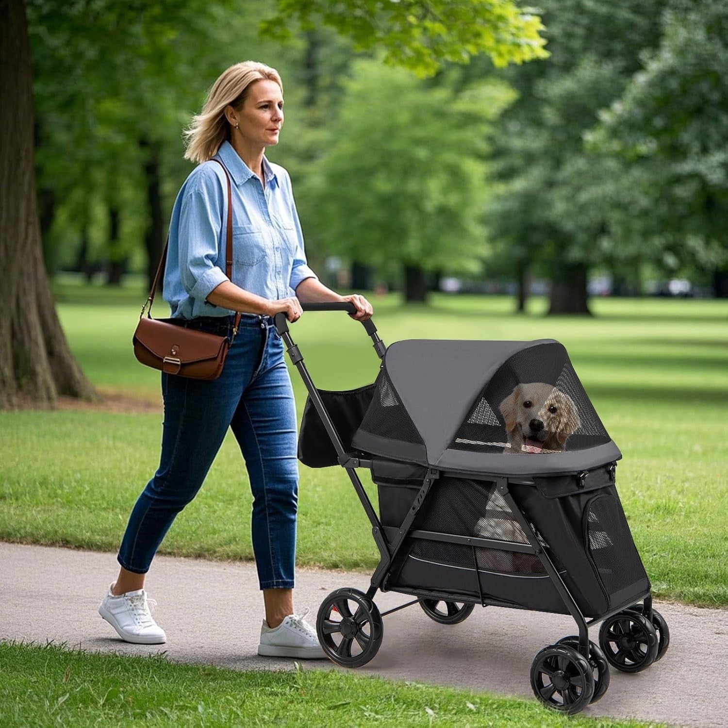 Foldable Dog Stroller Pet Pushchair Ramp Entry 4 Wheel Travel Buggy