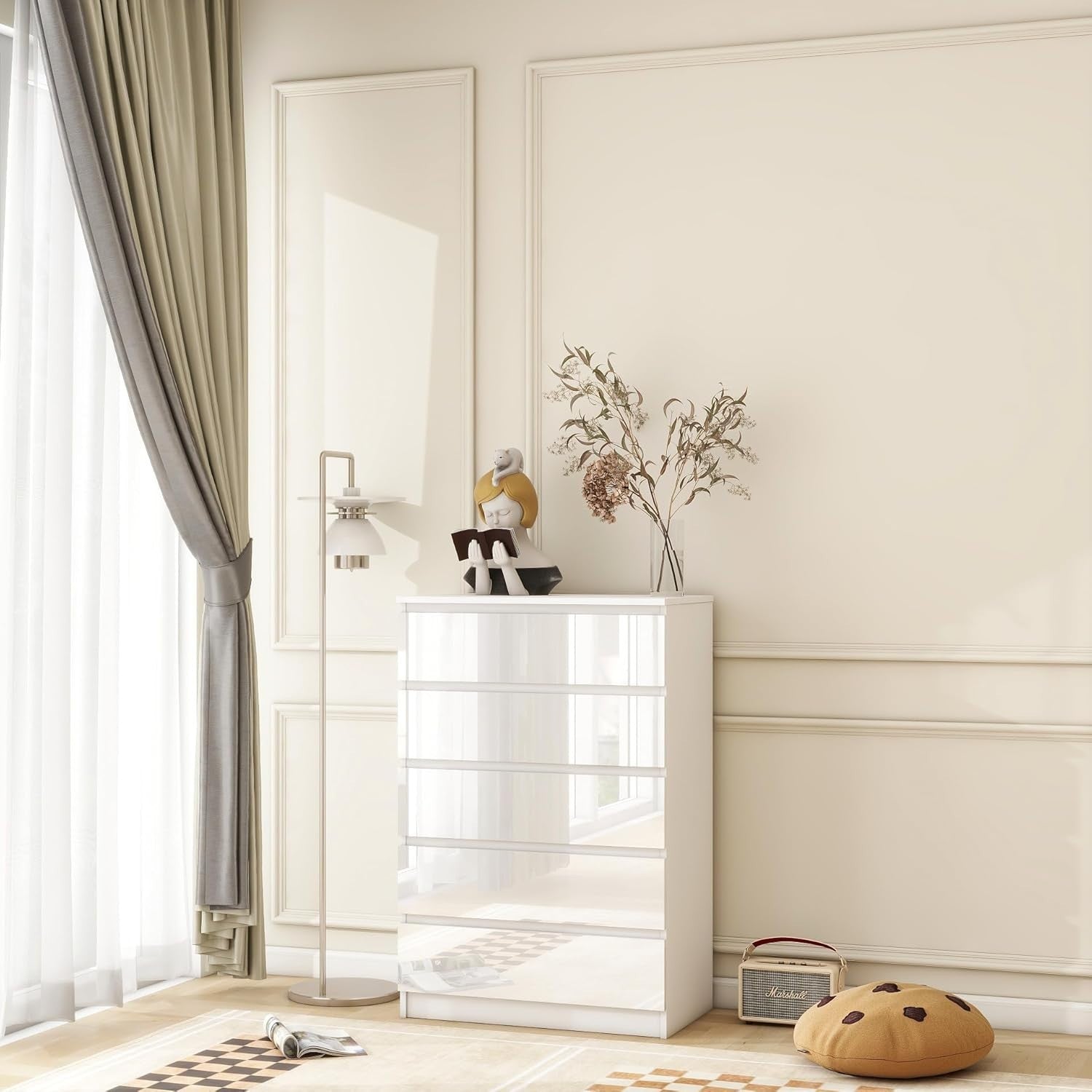 White 5 Drawer High-Gloss Chest Modern Storage Cabinet Bedroom Organizer