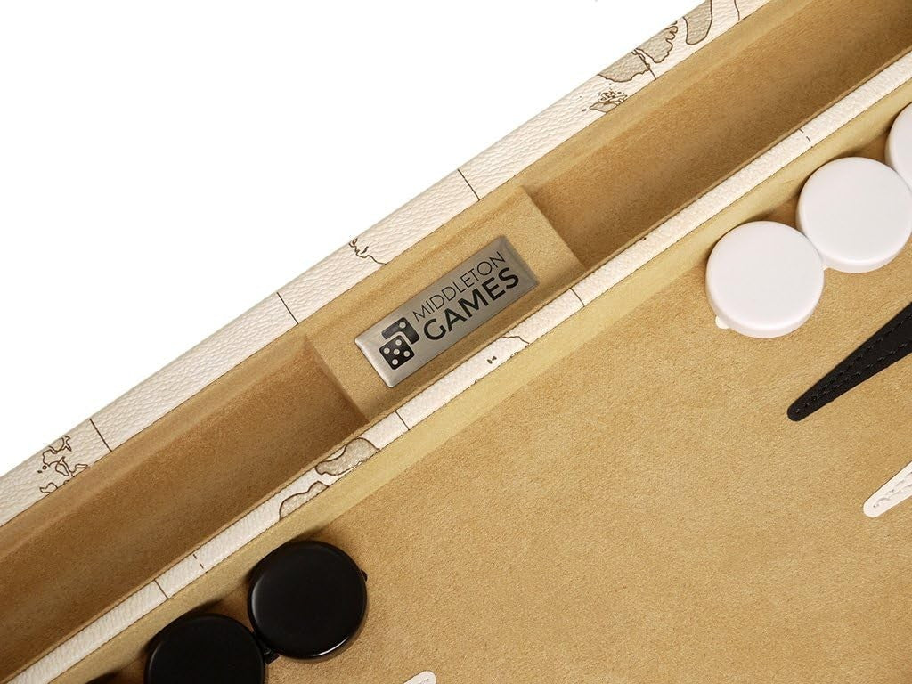 Luxury Backgammon Set 18 Inch Folding Board Travel Case World Map Design