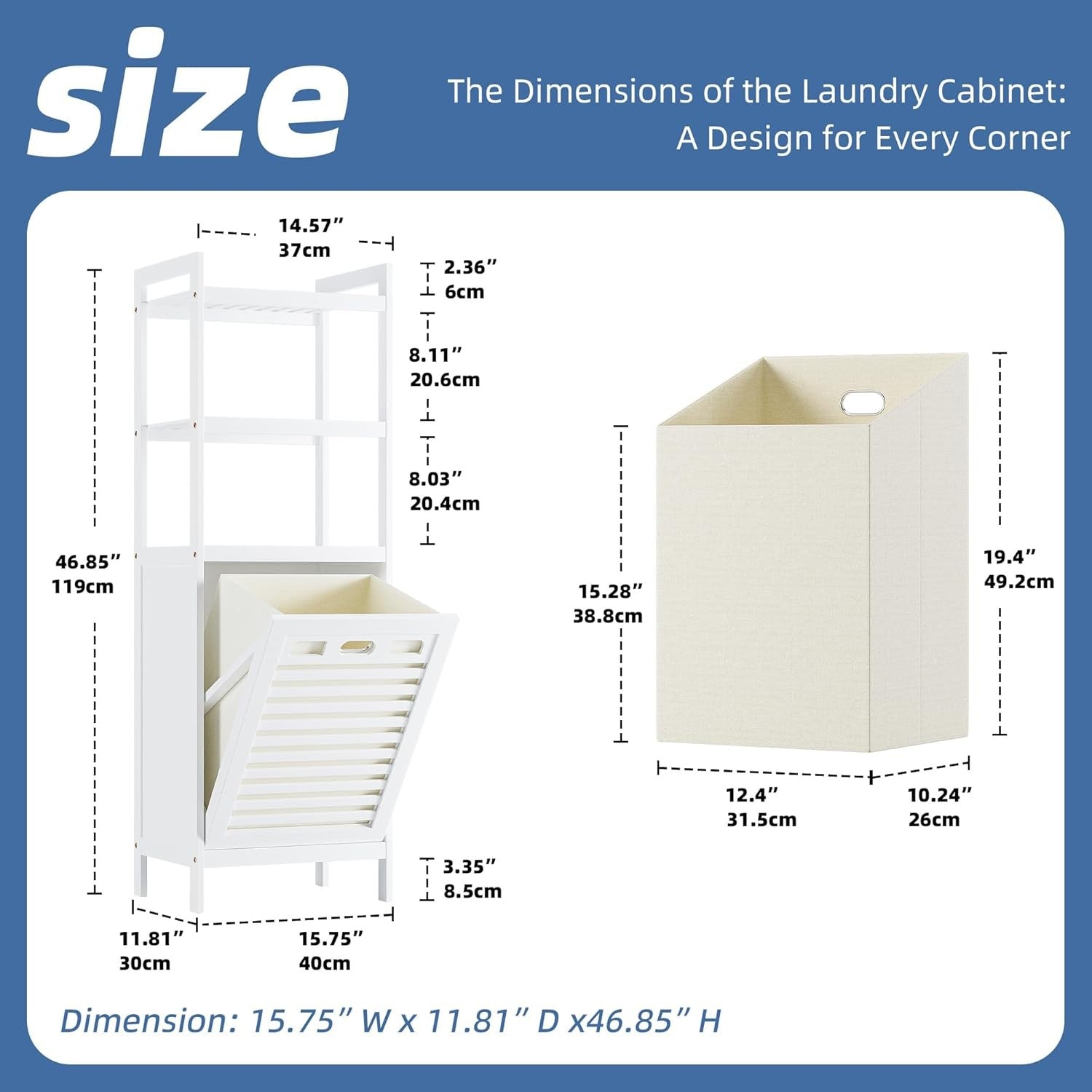 White Tilt Out Laundry Hamper Cabinet Bamboo Shelves 32L Basket Organizer