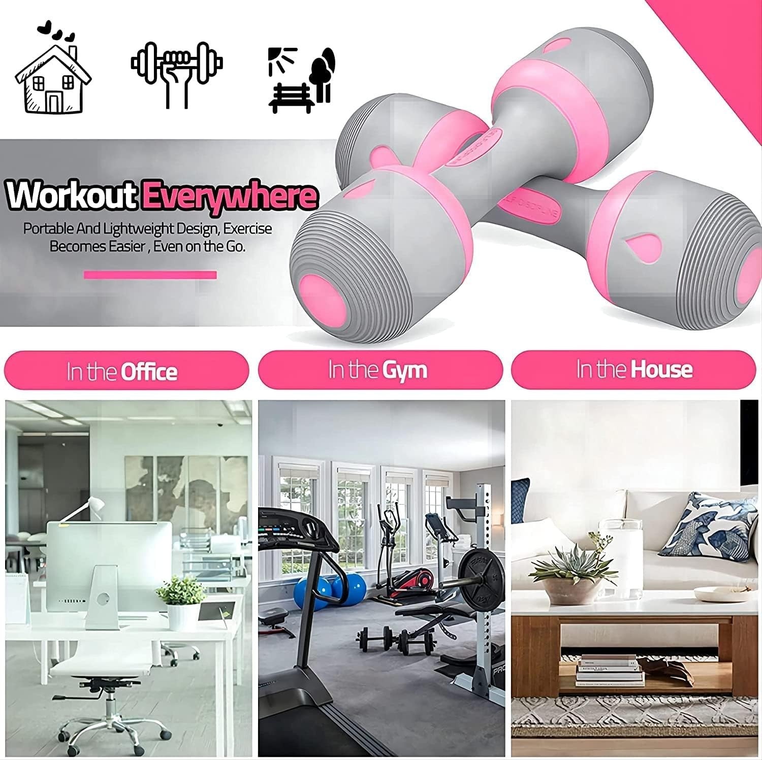 Adjustable Dumbbell Set 2–10kg Non-Slip Home Fitness Weights Pink Grey