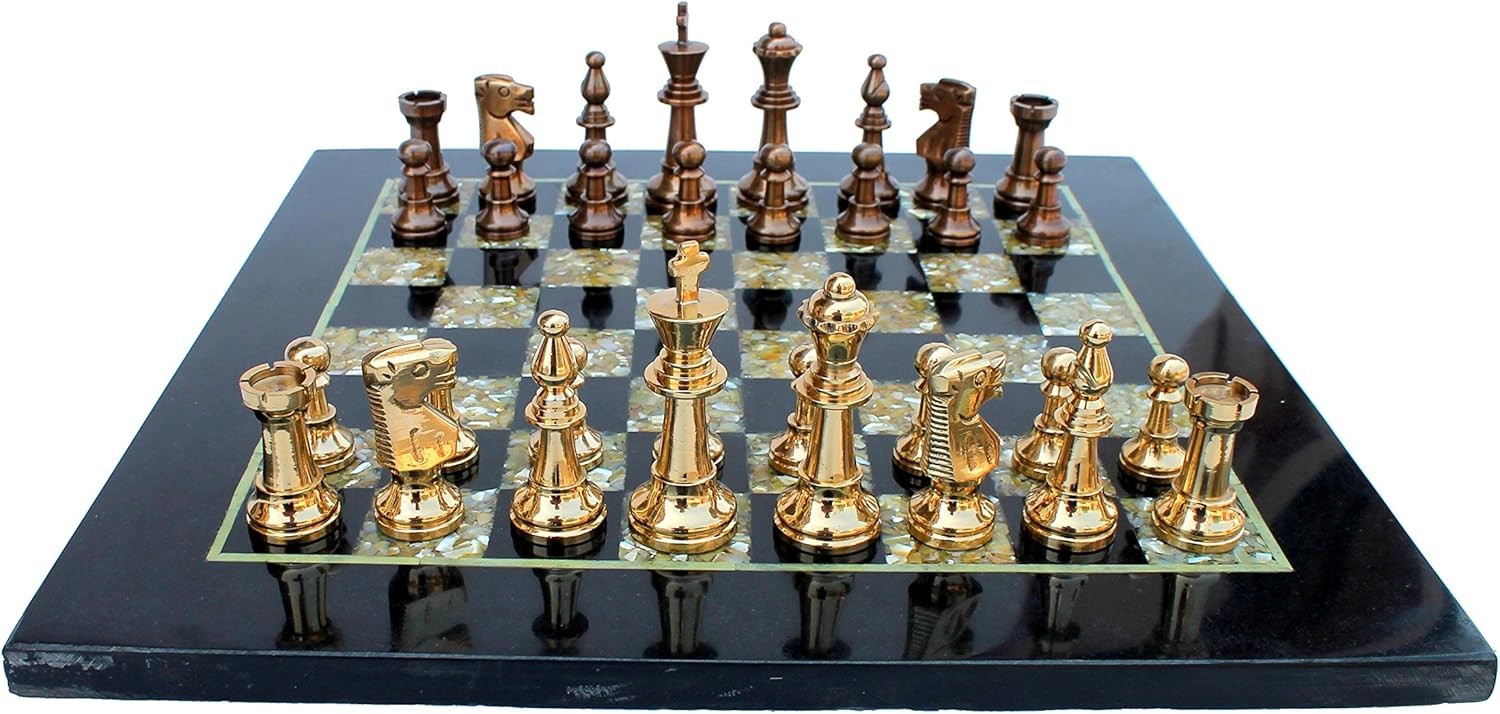 15" Black Marble Chess Set Mother of Pearl Board Brass Pieces Luxury Decor Gift