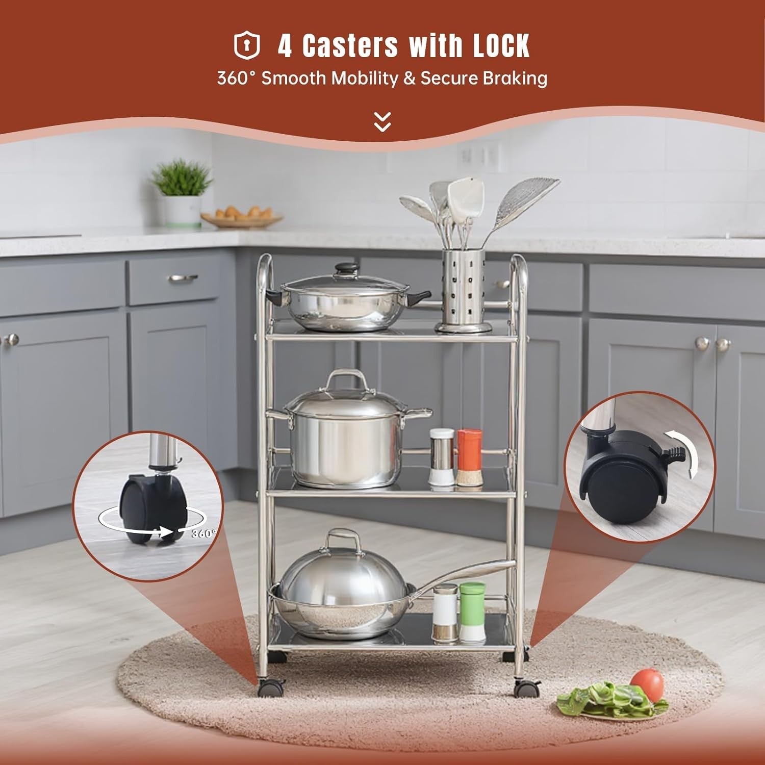 Heavy Duty Stainless Steel Utility Cart 3 Tier Rolling Storage Trolley